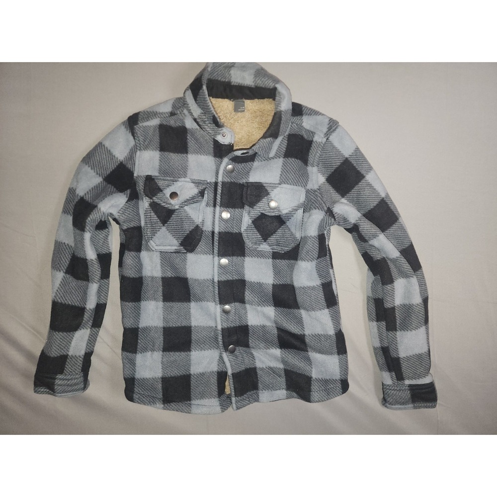 Eddie Bauer Shirt Jacket Boys Size 8 Black Gray Plaid Sherpa Lined Snap